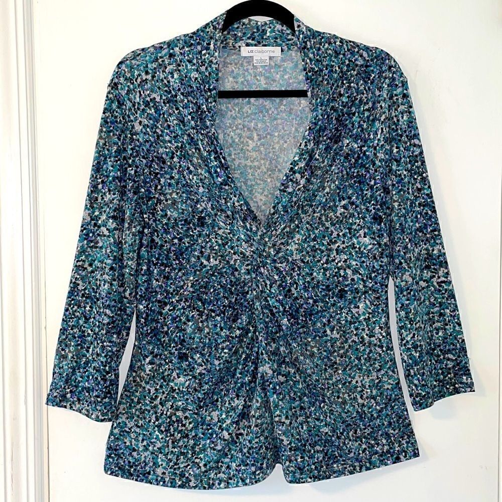 Liz Claiborne v-neck twist detail long sleeve abstract print stretchy blouse L